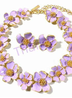奥斯卡打标紫色花朵耳钉项链套装