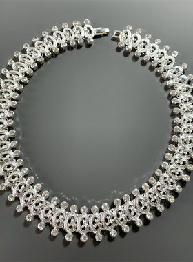 Vintage中古 重工夸张优雅白金色莱茵石镶嵌项圈款宫廷风短款项链