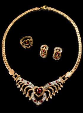 Vintage中古 MB打标红色爱心水晶镶嵌蛇骨链短款项链耳钉戒指套装