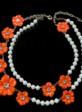 Vintage中古TALB0TS打标设计感不对称橘色珐琅花朵琉璃珍珠项链
