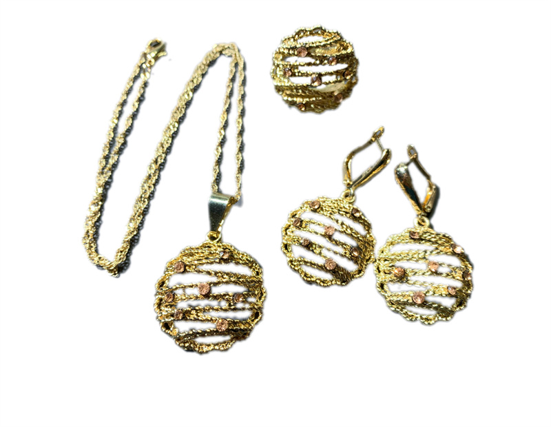 Vintage中古 淡金色麻花链镂空圆盘淑女气质百搭耳环戒指项链套装