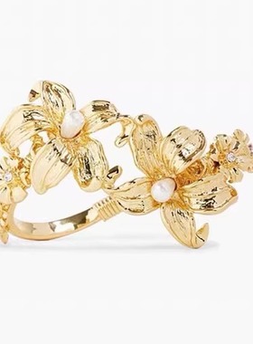 Vintage中古美国KJL打标唯美浪漫金色花朵立体造型开口女士手镯