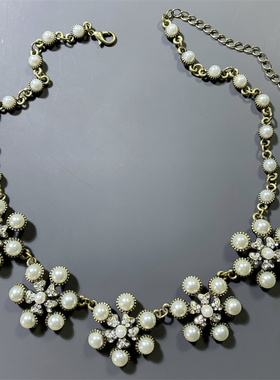 Vintage中古复古金人造珍珠雪花造型短款锁骨链项链女