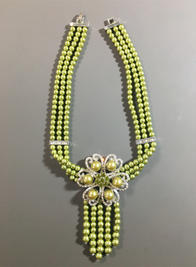 Vintage中古清新绿色多层琉璃珍珠流苏莱茵石花朵坠短项链Chorker