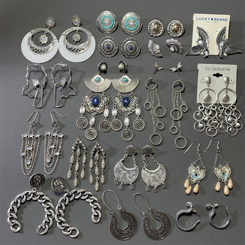B15 Vintage中古复古烧银色质感百搭个性夸张时髦耳钉耳环合集女