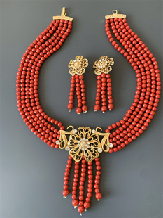 Vintage西洋古董回流 夸张复古金色花朵红色琉璃珍珠耳夹项链套装