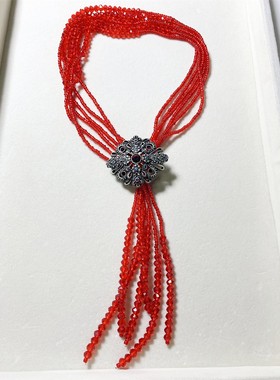 1928红色胸针琉璃项链多种戴法