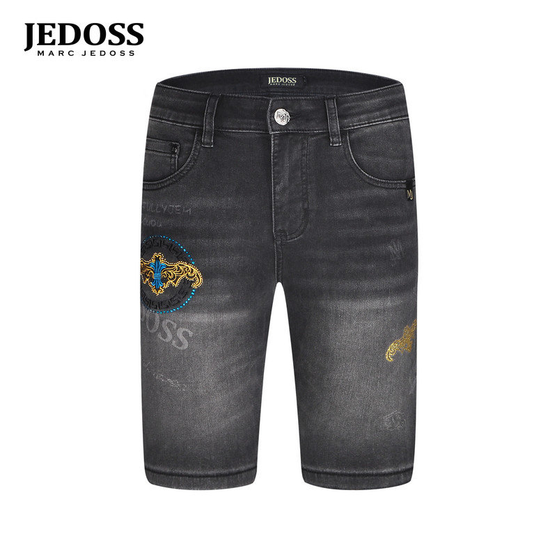 JEDOSS/爵迪斯男装2026春夏新款炫彩LOGO烫钻金线刺绣牛仔中裤001