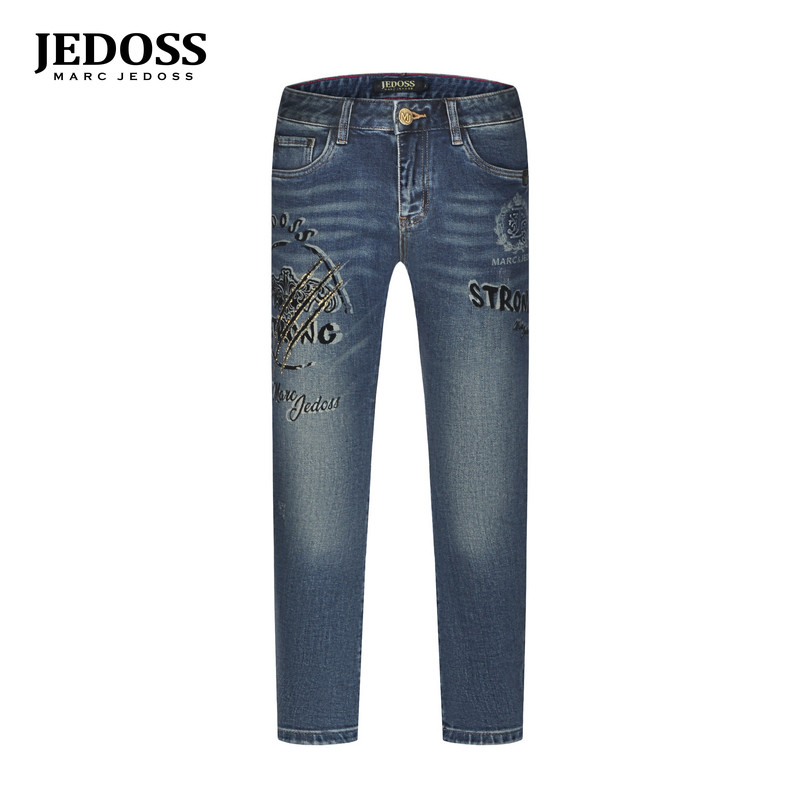 JEDOSS/爵迪斯男装2025初秋新款烫钻植绒压花抓痕牛仔裤潮YH860F