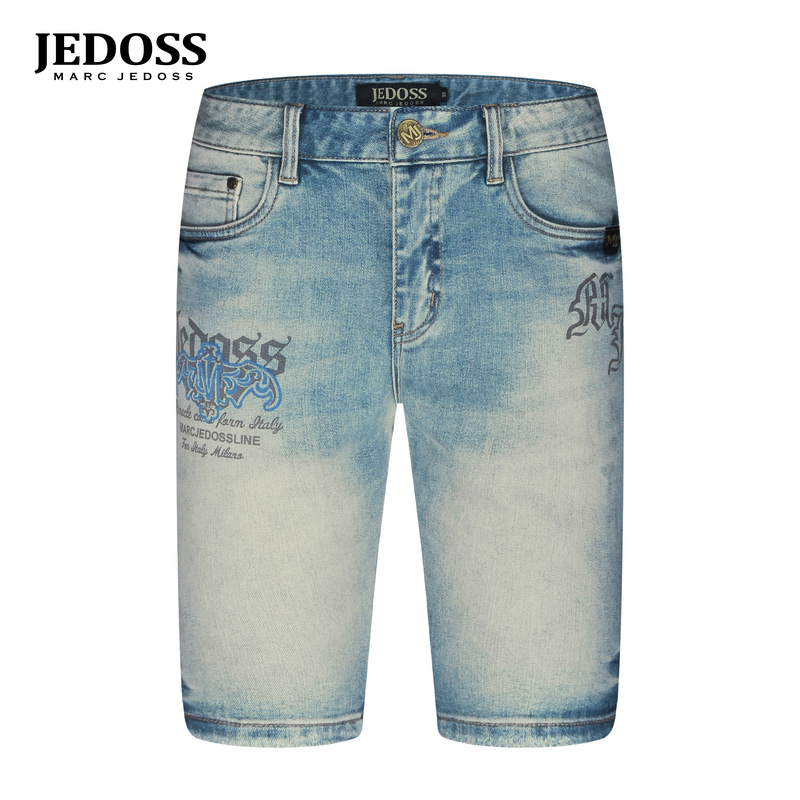 JEDOSS/爵迪斯男装2025春夏新款简约撞色叠印磨白牛仔中裤潮YH353