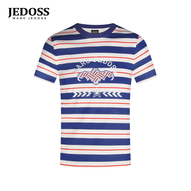 JEDOSS/爵迪斯男装2026夏季新款LOGO烫钻印花条纹短袖T恤潮207AM