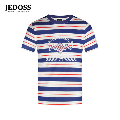 JEDOSS/爵迪斯男装2026夏季新款LOGO烫钻印花条纹短袖T恤潮207AM