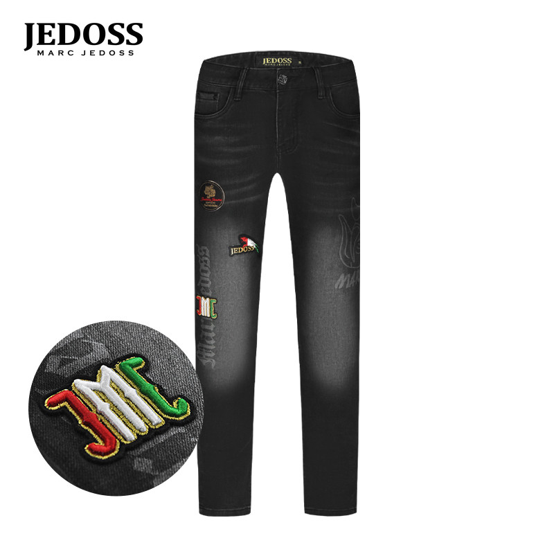 JEDOSS/爵迪斯男装秋冬新款无规则豹子章仔刺绣牛仔裤长裤207