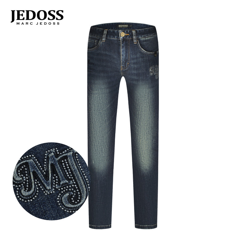 JEDOSS/爵迪斯男装秋冬新款字母烫钻磨白蓝色牛仔裤长裤YL651