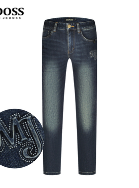 JEDOSS/爵迪斯男装2025秋冬新款字母烫钻磨白蓝色牛仔裤长裤YL651
