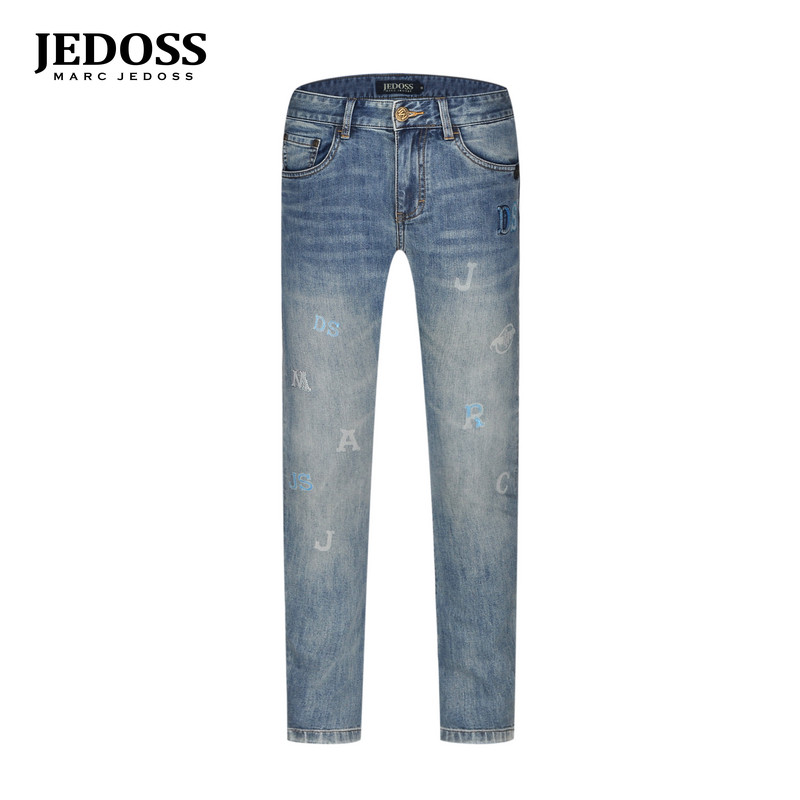 JEDOSS/爵迪斯男装2025夏季专柜新款字母水印磨白牛仔裤长裤YL021