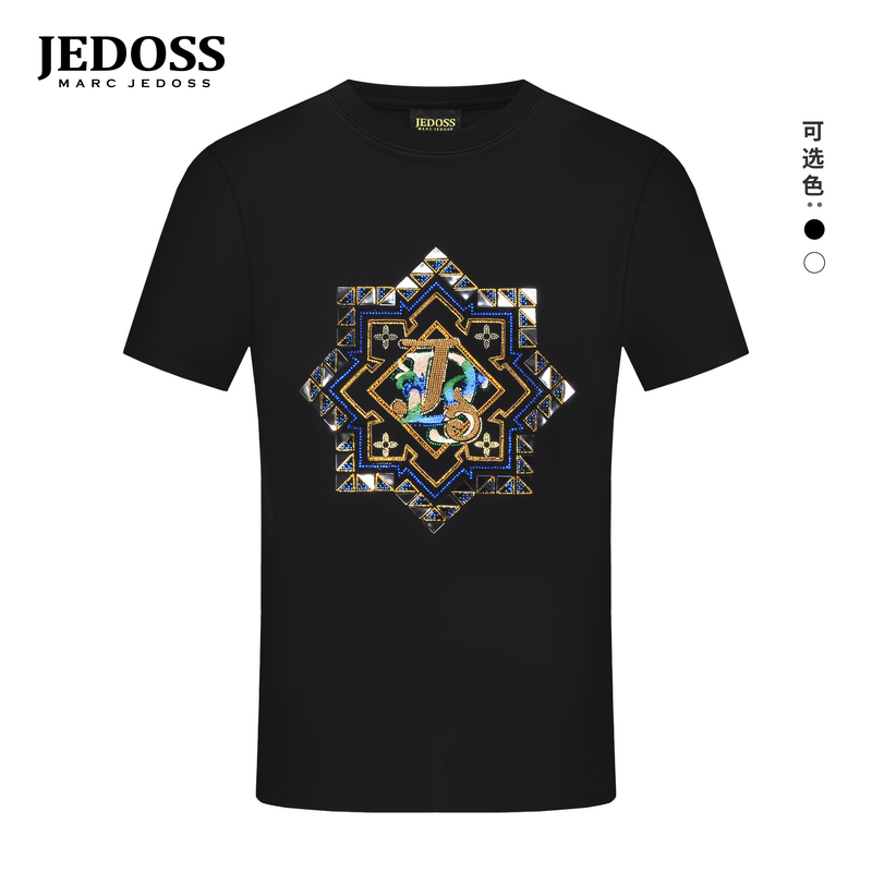 JEDOSS/爵迪斯男装2025春夏新款炫彩八角刺绣烫钻短袖T恤潮AM810