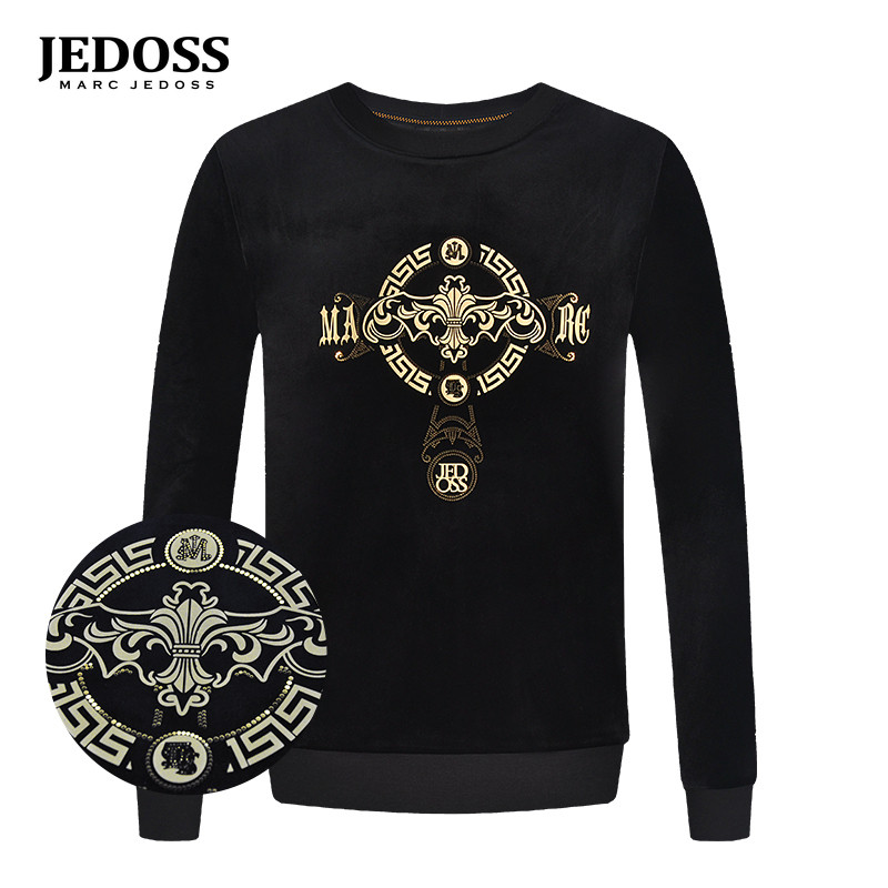 JEDOSS/爵迪斯男装秋冬新款LOGO烫金烫钻绒面修身无帽卫衣232