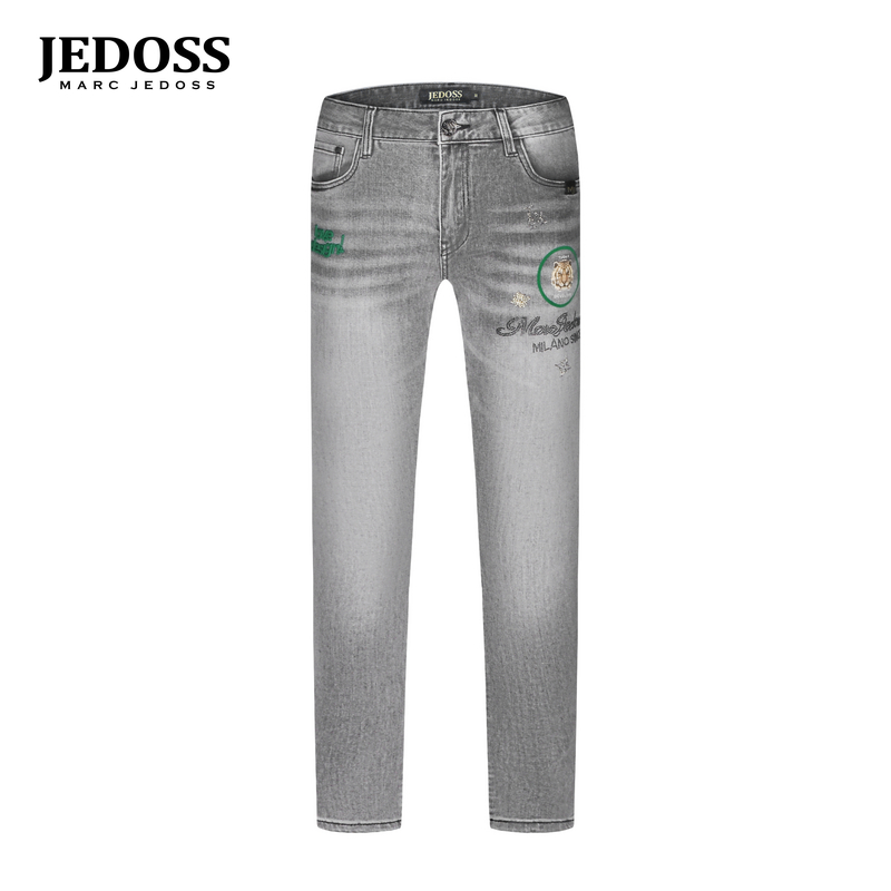 JEDOSS/爵迪斯男装2025夏季新款虎头字母烫钻胶印牛仔裤长裤043SX