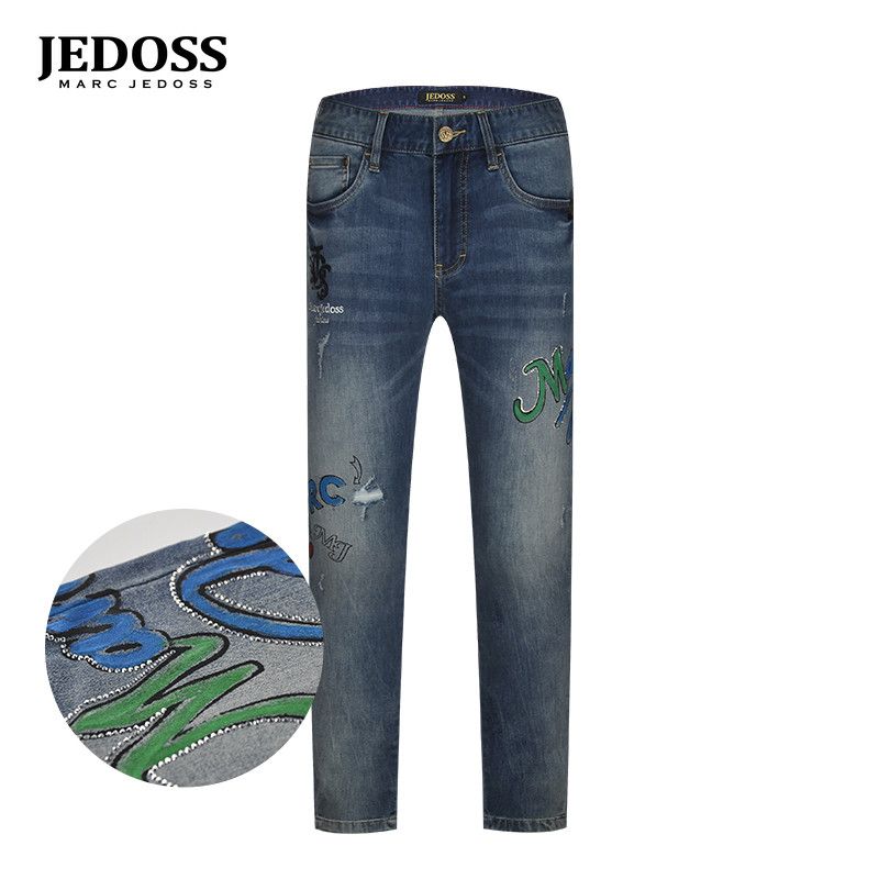 JEDOSS/爵迪斯男装夏季专柜款烟灰拼色印花牛仔裤长裤122