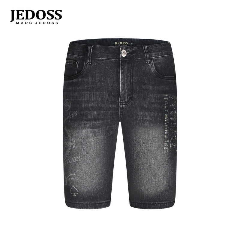 JEDOSS/爵迪斯男装2026夏季新款简约字母烫钻水印牛仔中裤148SXB图片