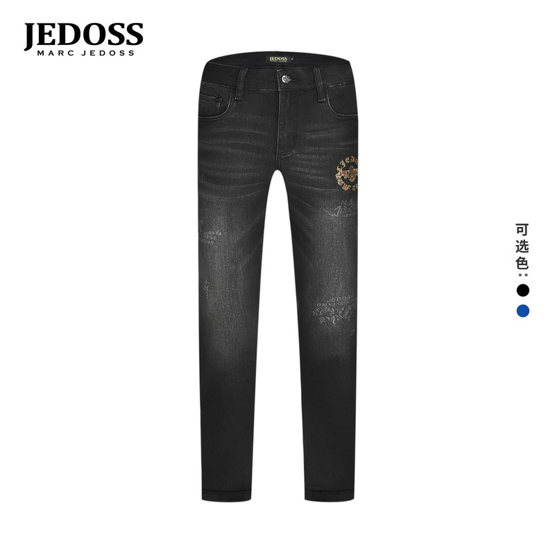 JEDOSS/爵迪斯男装秋冬专柜新款简约LOGO珠片绣牛仔长裤BC019