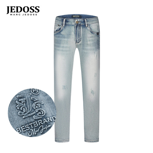 JEDOSS/爵迪斯男装2025春季简约LOGO压凸磨破磨白牛仔裤长裤SX152