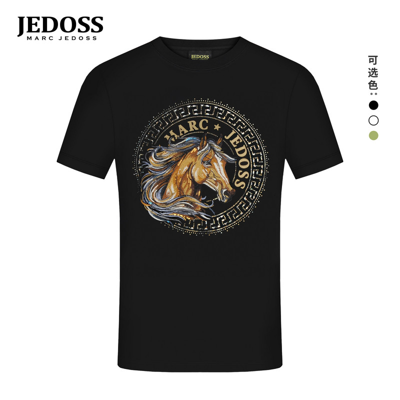 JEDOSS/爵迪斯男装2026春夏新款骏马圆弧刺绣烫钻时尚短袖T恤198