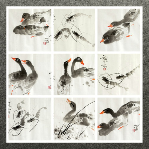 墨香村装饰国画写意花鸟纯手绘四尺六开鸭子龙虾图MX4072301-26