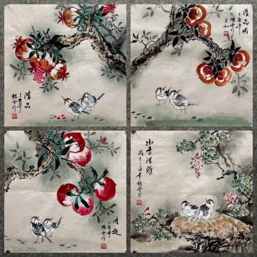 墨香村装饰国画柿子石榴纯手绘三尺斗方花鸟画寿桃MR6010301-30