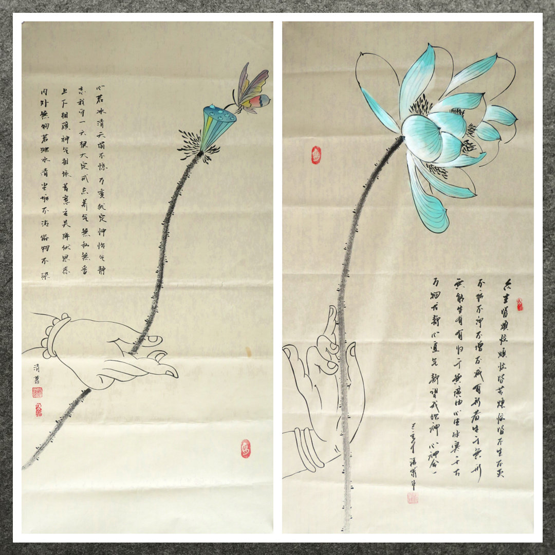 约100x50厘米竖幅已落款国画字画纯手绘人物画三尺观音手4