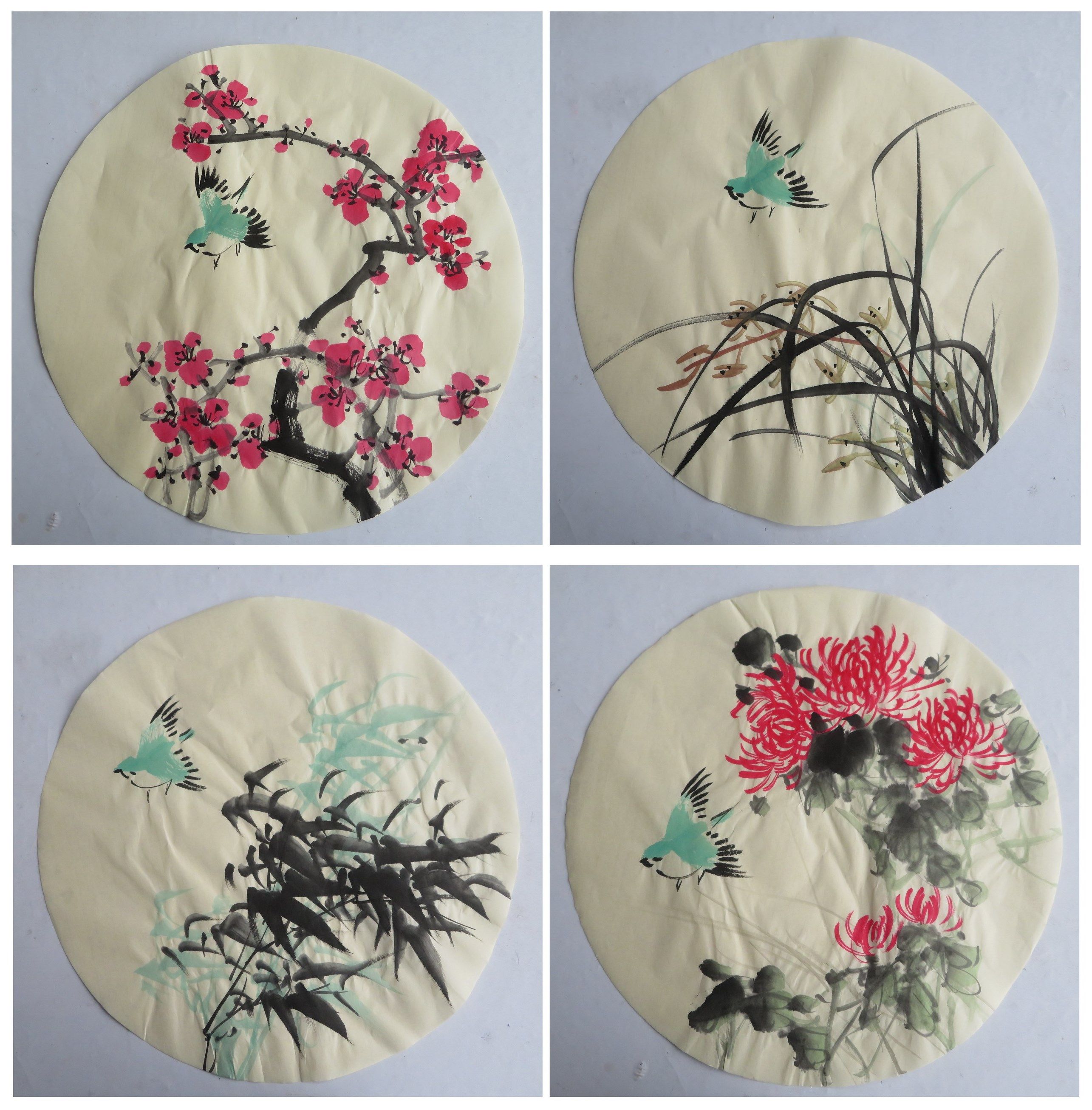 墨香村宣纸画芯国画彩色花鸟纯手绘四条屏梅兰竹菊圆形套画02
