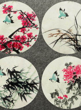 墨香村宣纸画芯国画水墨花鸟纯手绘四条屏梅兰竹菊圆形套画03