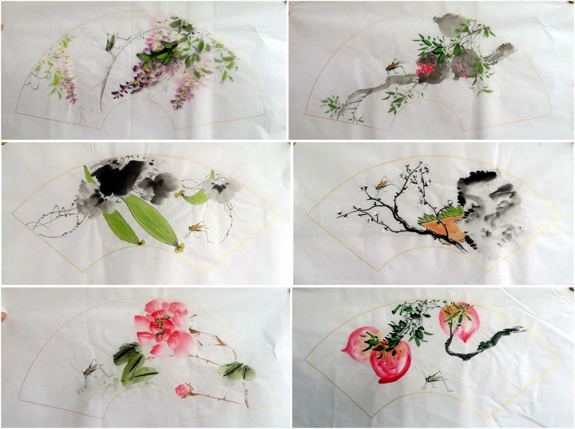 墨香村国画纯手绘扇面四尺四开花鸟画水果蔬菜鸟语花香构图多多01