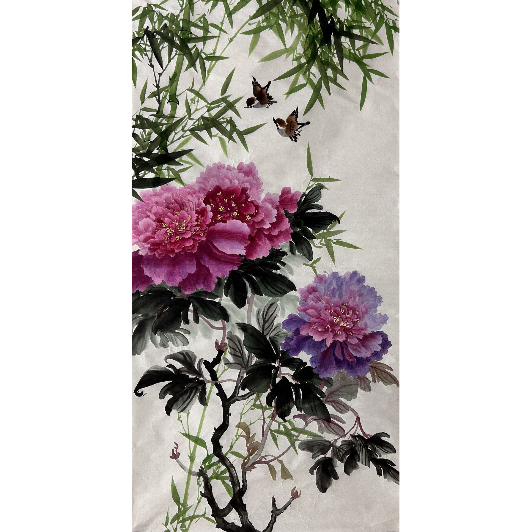 墨香村中堂装饰国画纯手绘花鸟三尺牡丹竹子花开富贵MD6013001-3