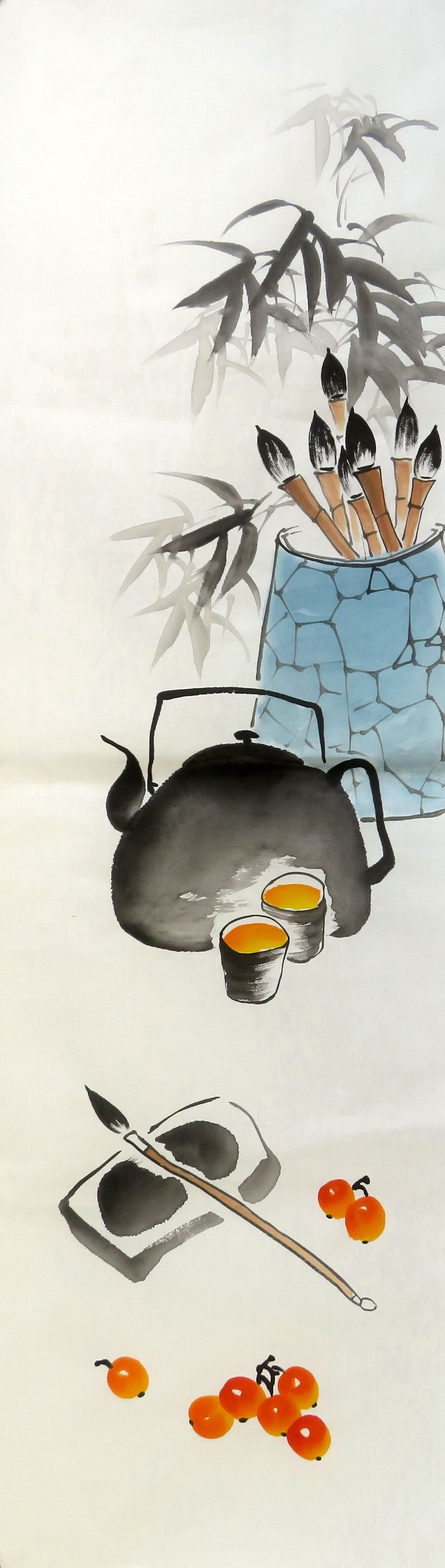 【墨香村】条幅精美装饰国画花鸟纯手绘四尺对开竹子竹报平安