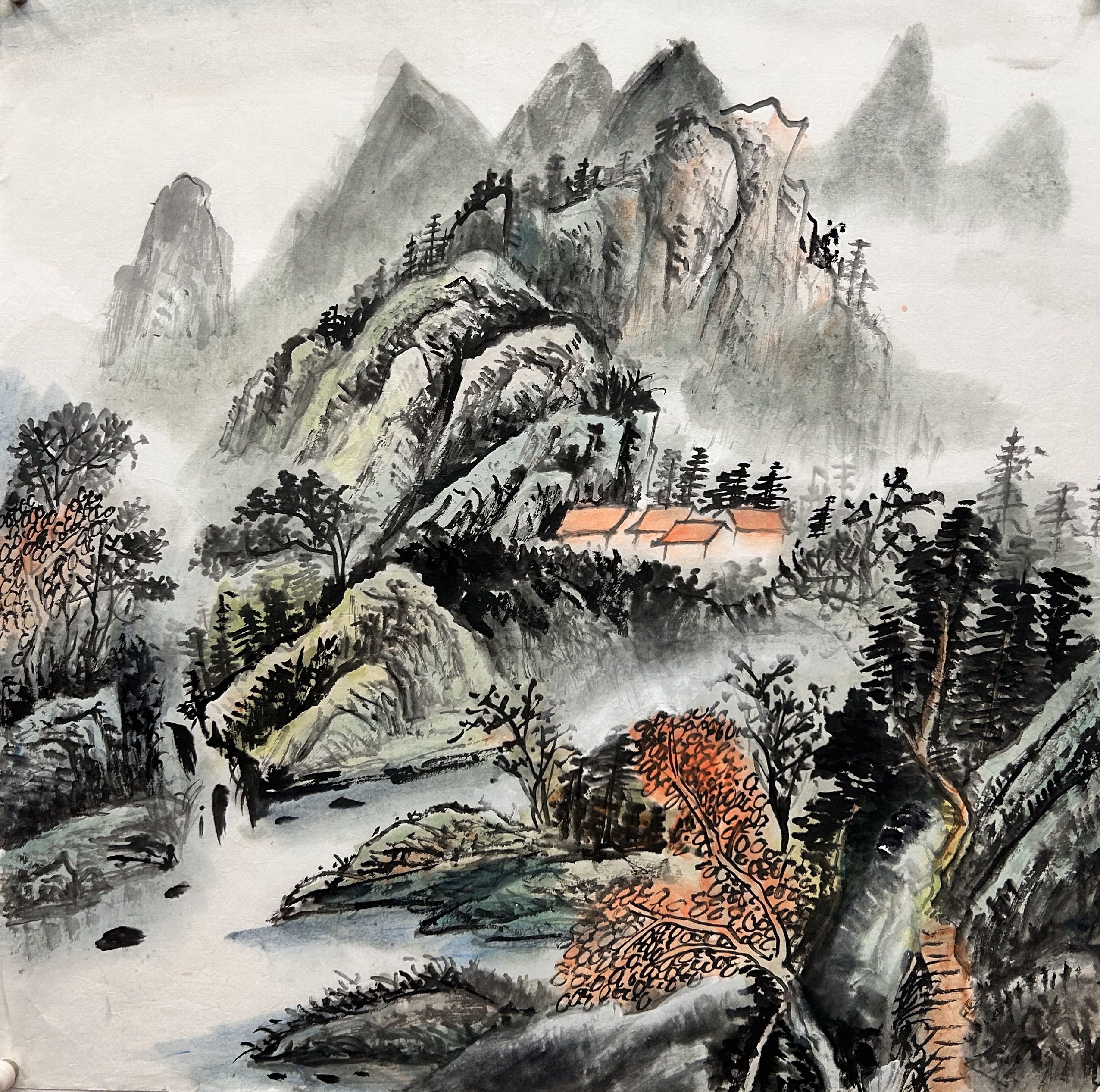 墨香村装饰国画过道纯手绘四尺斗方山水画溪山雅居MG3083001-15