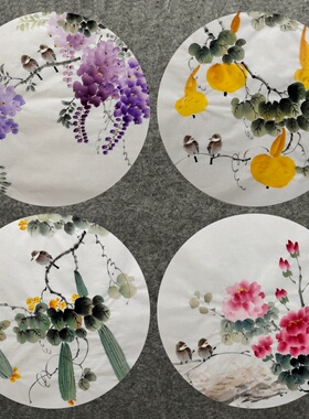 直径48厘米玄关装饰国画纯手绘走道梅花花鸟圆形荷花花鸟画画芯01