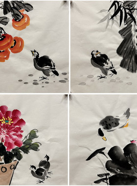 34X34厘米过道装饰国画花鸟字画纯手绘四尺八开花鸟画小品未装裱