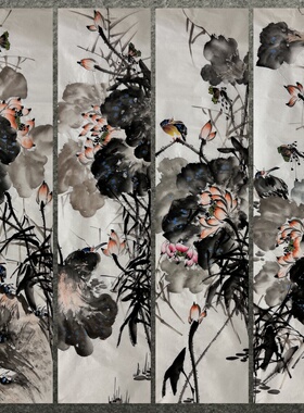 136X34厘米条幅装饰国画字画花鸟纯手绘四尺对开荷花MA5041901-50