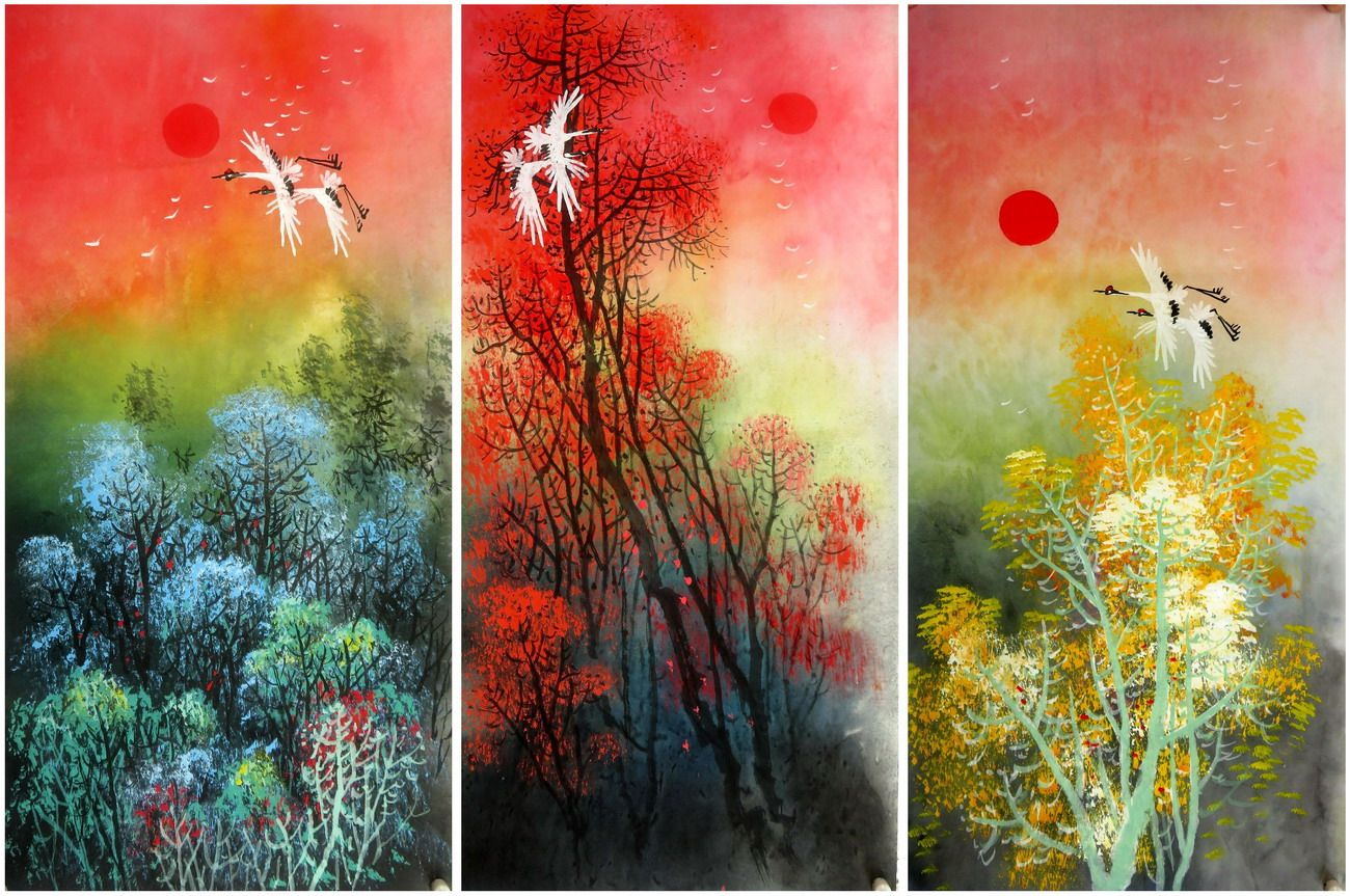 68x34厘米中堂国画字画纯手绘四尺四开山水画风景画红日未装裱01