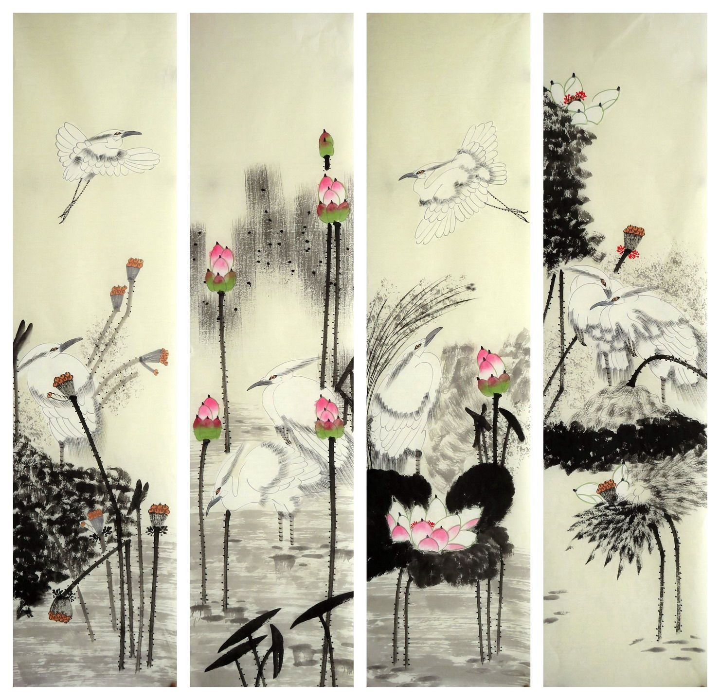 墨香村条幅装饰国画画芯套画花鸟画纯手绘四条屏荷花mt8060705