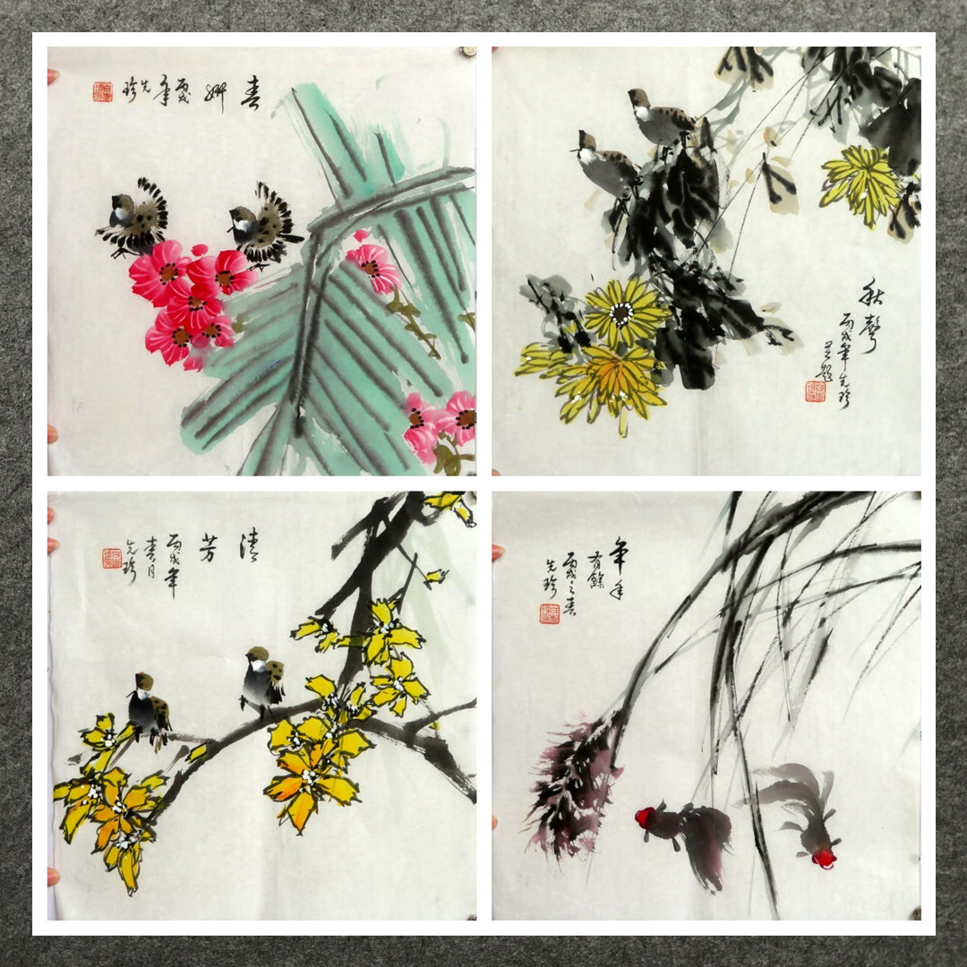 处理旧画落款装饰国画花鸟纯手绘四尺八开花鸟画小品mb3091001