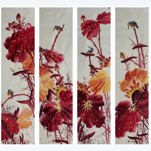 136X34厘米国画套画花鸟画纯手绘四条屏四尺对开荷花MK6091201-8