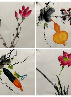 花鸟画墨香村仿少昂四尺八开
