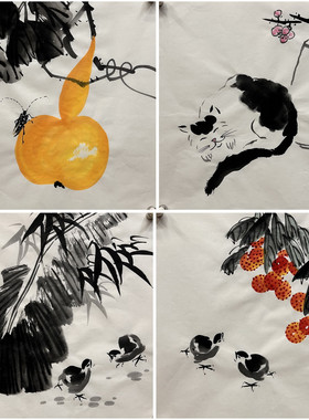 34X34厘米过道装饰国画花鸟字画纯手绘四尺八开花鸟画小品未装裱1