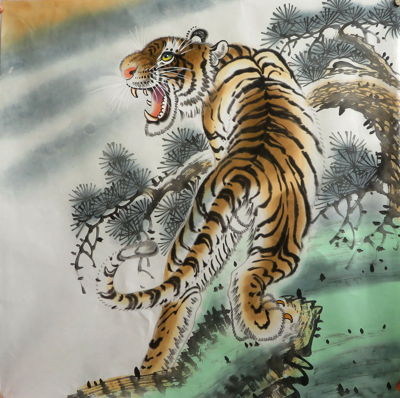 墨香村特价上山虎装饰国画下山虎挂画手绘四尺斗方老虎mh20109028