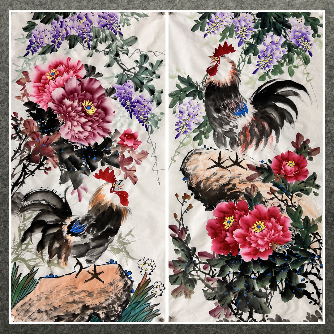 墨香村酒店中堂装饰国画字画走道花鸟画纯手绘三尺牡丹鸡画芯01图片