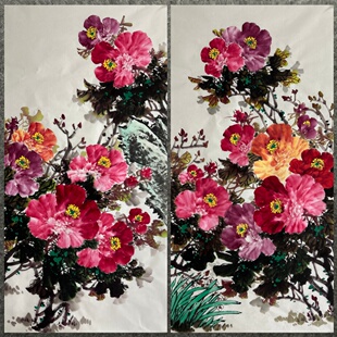 136X68CM中堂纯手绘四尺牡丹国画客厅玄关吉祥装 饰画MY6030231