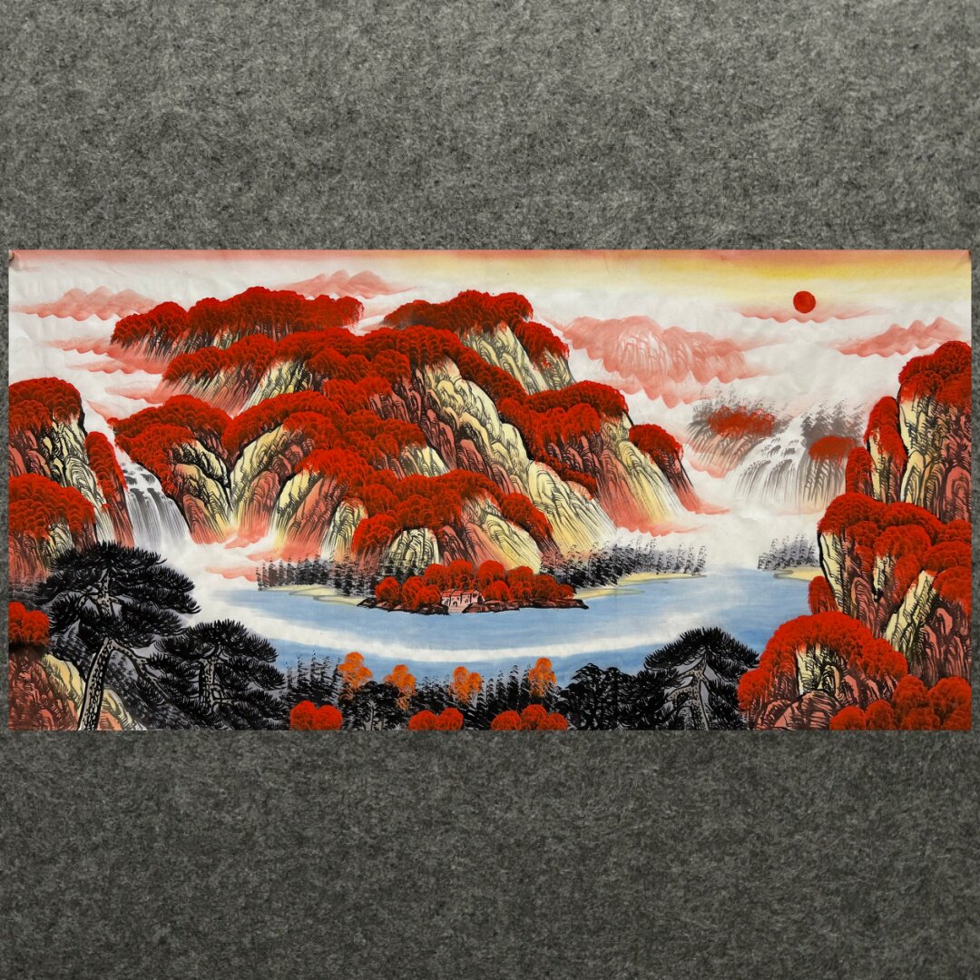 136X68厘米装饰国画纯手绘鸿运当头四尺山水画旭日东升未装裱01